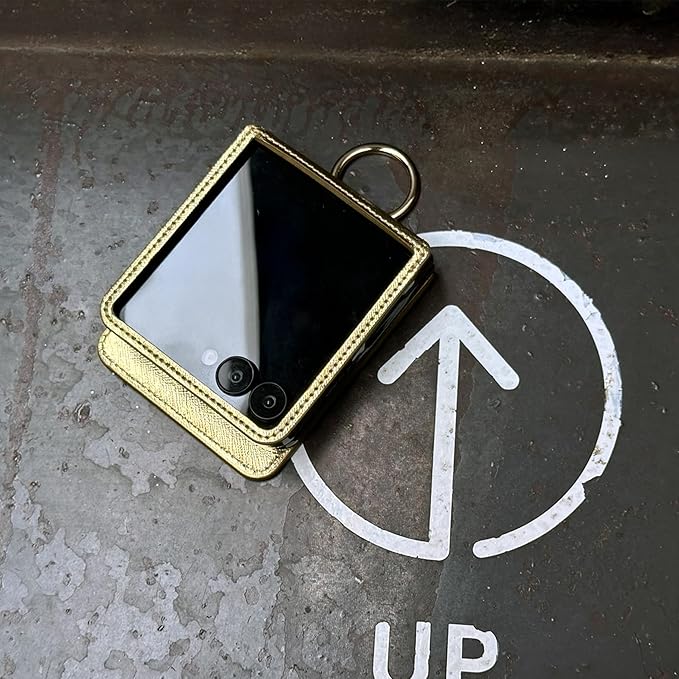 [BeYourSanta] Galaxy Z Flip 7 Case with Ring - Avant-Garde Handmade Saffiano Vegan Leather Case, Anti-Scratch Hinge Protection, Made in Korea (3 Pockets, Fortuna Gold)