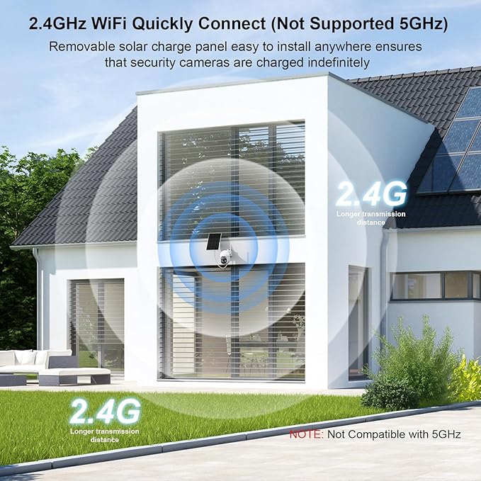 2K Solar Security Cameras Wireless Outdoor, 360° View WiFi Cameras for Home Security with PIR Detection, 2-Way Audio, IP65 Waterproof Spotlight Siren Alarm, SD/Cloud Storage Only 2.4Ghz WiFi