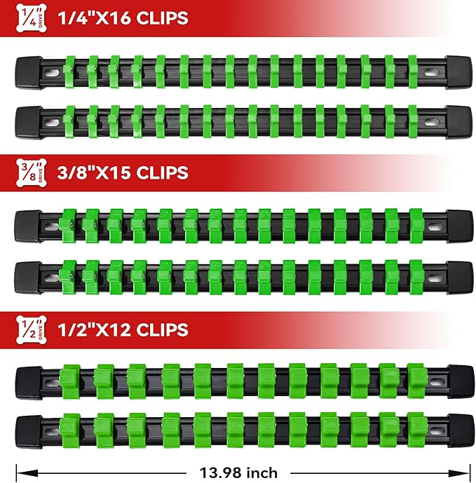 ALOANES 6PC ABS Socket Organizer, Socket Rails Fit 1/2 inch, 3/8 inch and 1/4 inch Drive, Heavy Duty Socket Holders Hold up to 86 Sockets, Black Rails with Green Clips