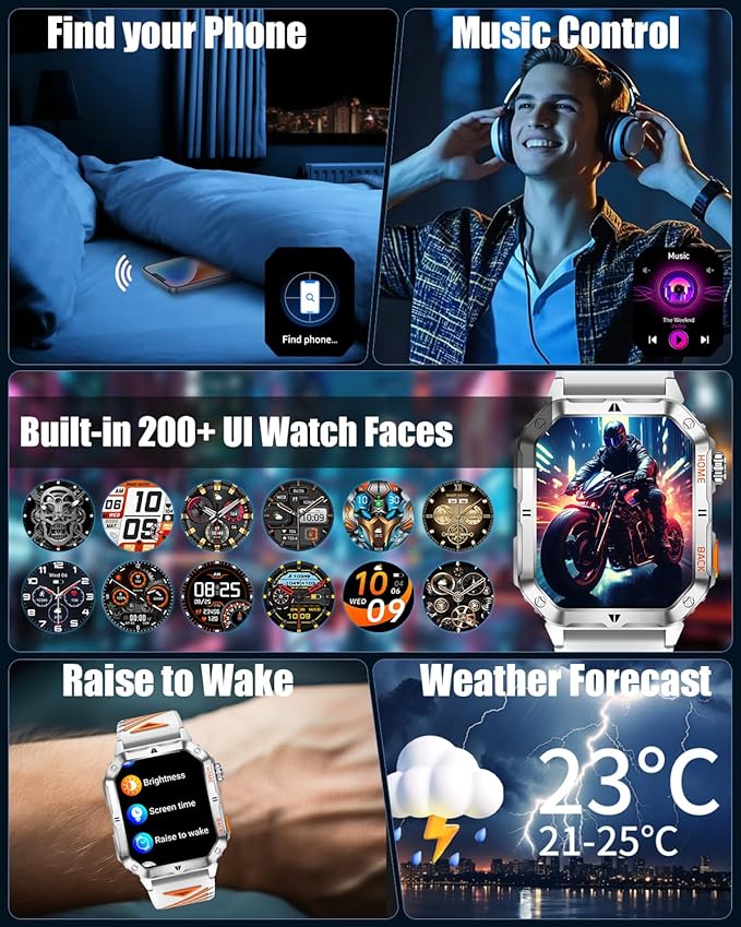 Military Smarty Watch for Men, 2.01" Smartwatch with 1200mAh Battery, Flashlight, Answer/Make Calls, Heart Rate/Sleep Monitor 100+ Sport Modes Fitness Tracker for Android/iPhone