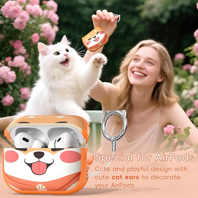 for AirPods Pro 2 Case with Cleaning Kit, Cute Cat Ear Print Design & Cute Buckle for Girls, Phone Holder & Top Safe Lock Buckle Design for AirPods Pro 2nd/1st Gen case, Orange Dog