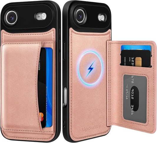for iPhone 17 Air Case with Wallet - Fits 4 Card Slots, Compatible with MagSafe for Women Aesthetic Durable PU Leather Credit Card Holder Kickstand Phone Cover for Apple 17 Air, Rose Gold