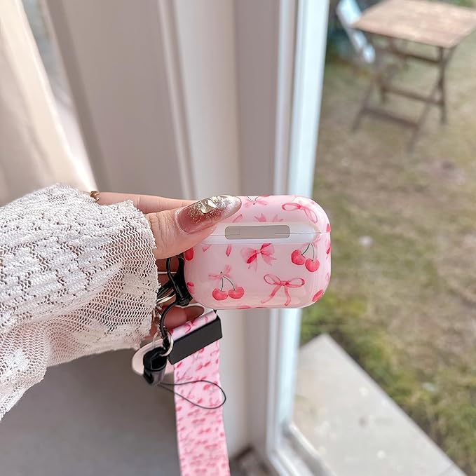 Cute Pink Ribbon Bow Cherry Design Air Pod Pro 3 Generation Case（2025） with Bow Cherry Lanyard Keychain，Unique IMD Process TPU Soft Pro 3 Case