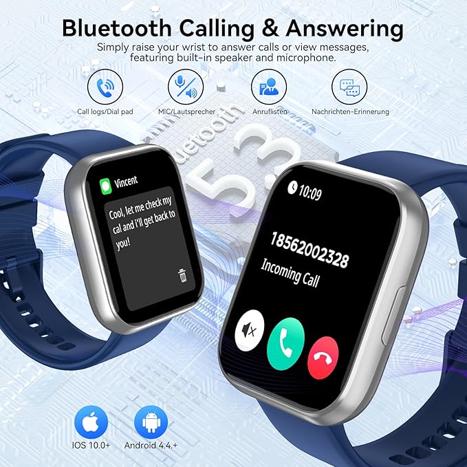 Smart Watch for Men Women, 1.85" HD Fitness Tracker with Bluetooth Calls, 120+ Sport Modes Fitness Watch, Fitness Tracker 24/7 Heart Rate/Sleep Monitor, IP68 Waterproof, for Android/iPhone (Blue)