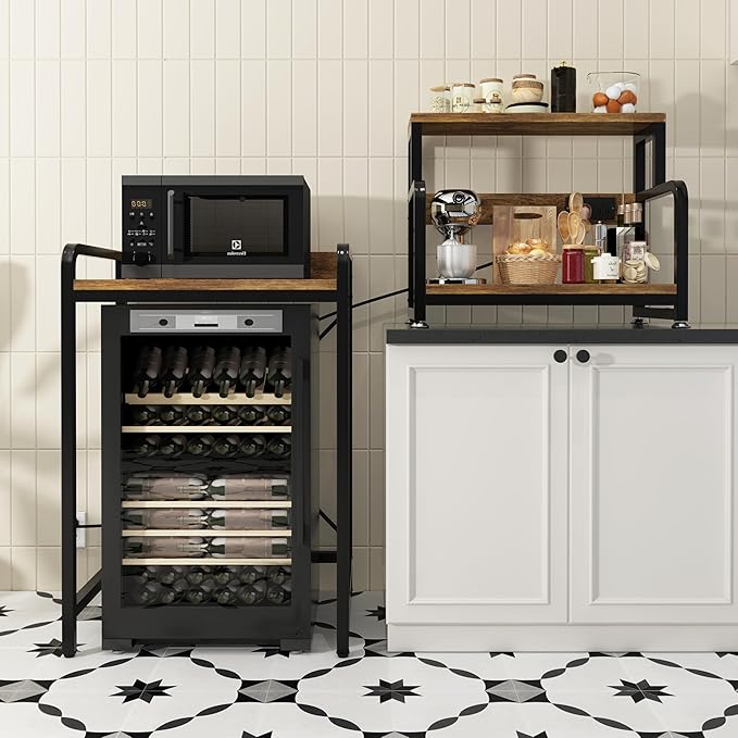 4- Tier Mini Fridge Stand Shelf with Power Outlet, Double-Purpose Rack, Mini Fridge & Microwave Oven Stand Table, Bar Cabinet, Free Standing Shelf for Office, Kitchen, Home.