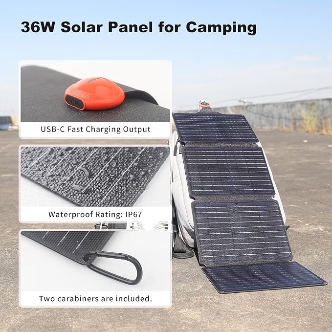 EYONGPV 36W Portable Foldable Solar Panel with Croc-Eye USB-C PD Fast Charging Output, IP67 Waterproof Compact Solar Charger for Phones, Power Banks, Camping, Hiking, Backpacking