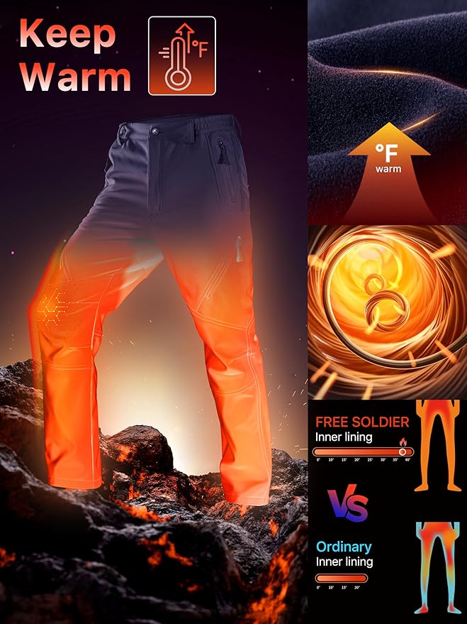 FREE SOLDIER Men's Fleece Lined Outdoor Cargo Hiking Pants Water Repellent Softshell Snow Ski Pants with Zipper Pockets