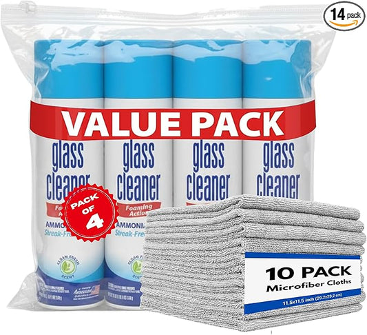 Glass Cleaner Spray - Foam Action Cleaner - 19 Fl Oz, (4 Pack) - Bundle With 10 Premium Microfiber Cleaning Cloth Towel Rags