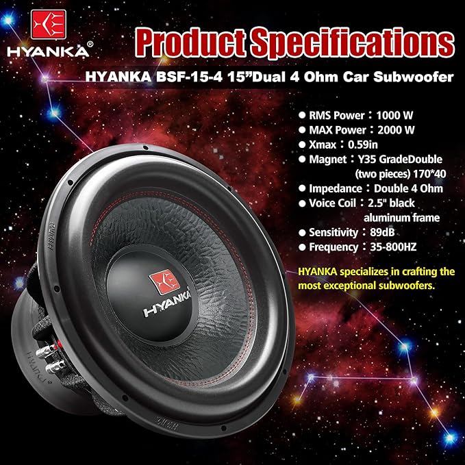 H YANKA BSF-15-4 15 Inch Subwoofer - 2000W MAX Power 15 Inch Paper Cone Subwoofer Car Audio, Black Aluminum Basket, 2.5“ Dual Voice Coil 4 Ohm Impedance 15 Sub for Cars