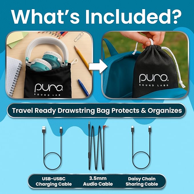 Puro Sound Labs JuniorJam Plus Volume-Limiting Wireless Bluetooth Headphones for Kids, Secure Audio with Adjustable On-Ear Design, 22-Hour Battery Life, Ideal for Tablets, Smartphones & PCs - Teal