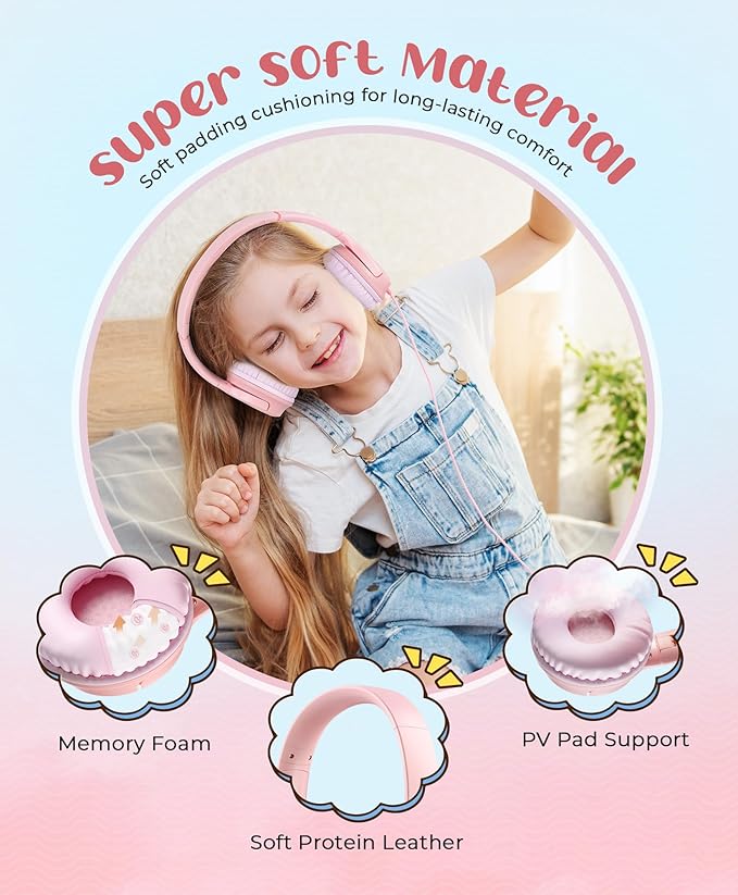 DyBaxa Kids Headphones, Wired Foldable On-Ear Headphones for Kids, Volume Limiter 94dB, Kid Headphones for School Classes Travel, 3.5mm Jack Kids Headset Compatible Smartphones Tablet, Pink