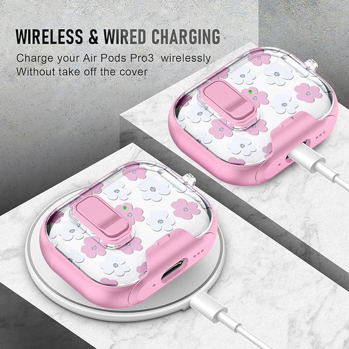 Compatible Airpods Pro 3 Case (2025) with Phone Stand & Cleaner Kit,Cute Flower Print Soft Silicone Lock Clip Apple AirPods Pro 3rd Generation Case, Airpod Pro 3 Cover with Keychain for Women/Girls