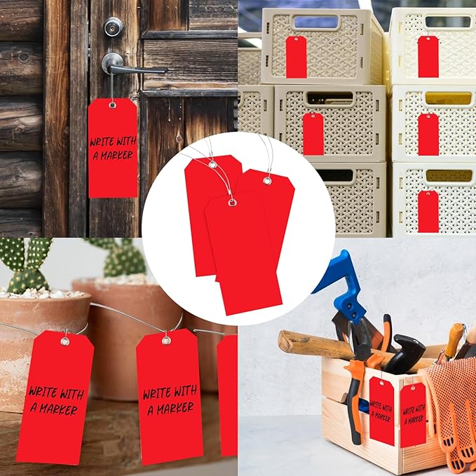 100 Large Red Plastic Shipping Tags - 3x6 inch, Heavy Duty, Waterproof, Writable Wire Tags with String Attached for Luggage, Garage, Inventory, Car Parts