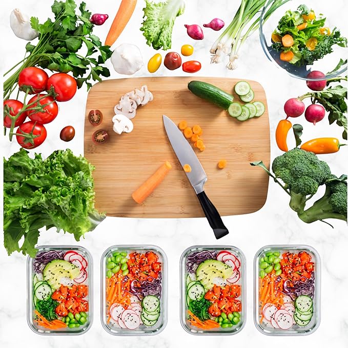 ECOBERI 4.5 Cup Glass Meal Prep Containers with Lids & Silicone Sleeves, 3-Pack Airtight, Leak-Resistant Food Storage Containers for Fridge, Freezer, Oven & Microwave