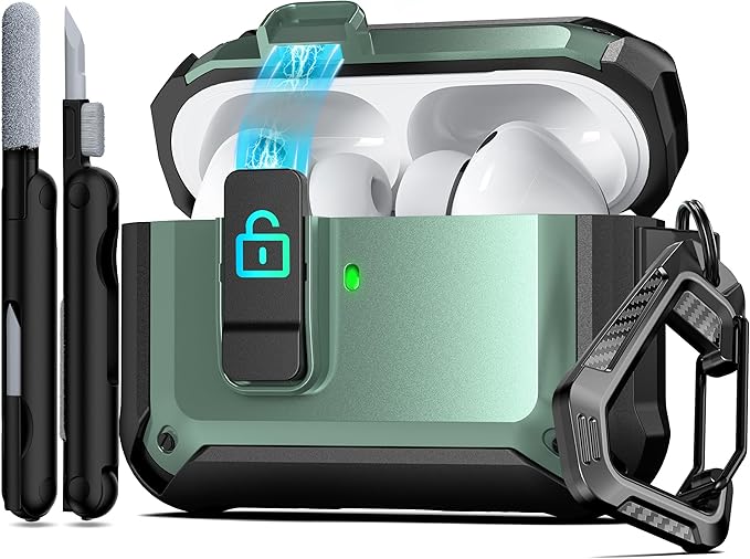 RFUNGUANGO AirPods Pro 3 Case (2025) with Safety Lock and Automatic Pop-up, Compatible with Airpods Pro 3rd Generation Case, Magnetic Lid, Compatible MagSafe, Hard Shockproof Protective Case, Green
