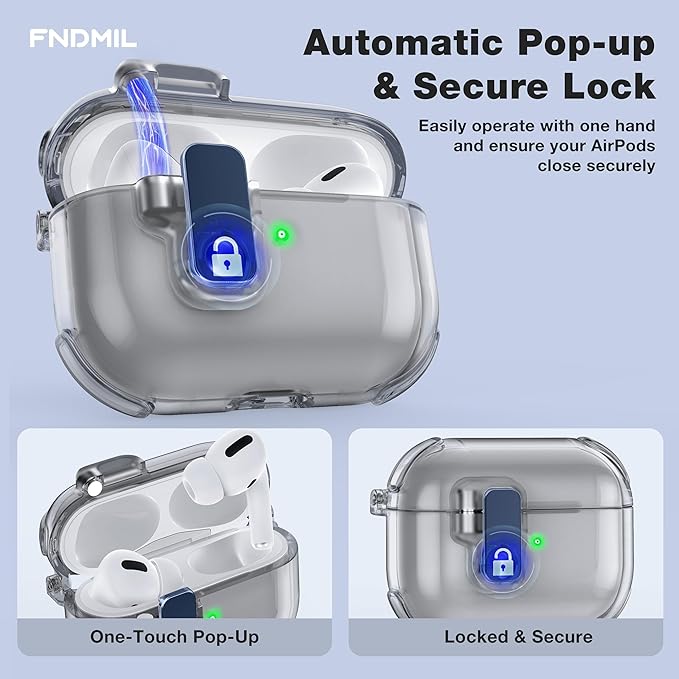 Case for AirPods Pro Case Cover with [Lock Safety & Pop Up][Military Shockproof] Anti-Yellow Transparent Soft TPU Wireless Charging for AirPods Pro Generation Case with Keychain,Clear Black