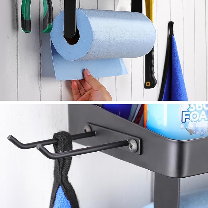 YIGII Garage Paper Towel Holder with Shelf - Wall Mount Papertowel Holder with 4 Hooks, Single-Hand Tear Paper Towel Rack Heavy Duty Tissue Holder for Clean Station, Craft Room, Workbench (Black)