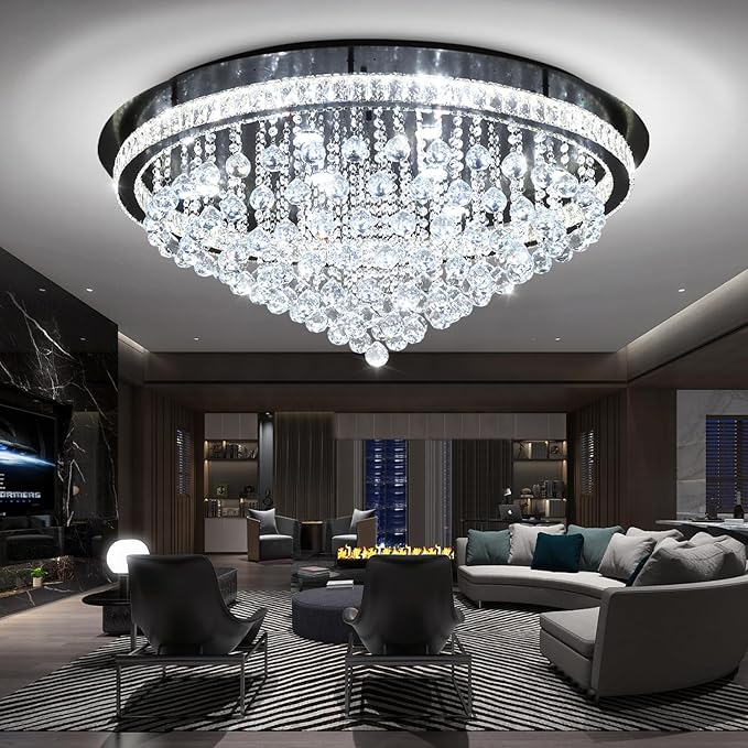 Dia 40" Modern Crystal Chandeliers for Living Room,Black Large Chandelier Flush Mount Chandeliers for Bedrooms Dining Room Dimmable 2700k 4500k 6000k