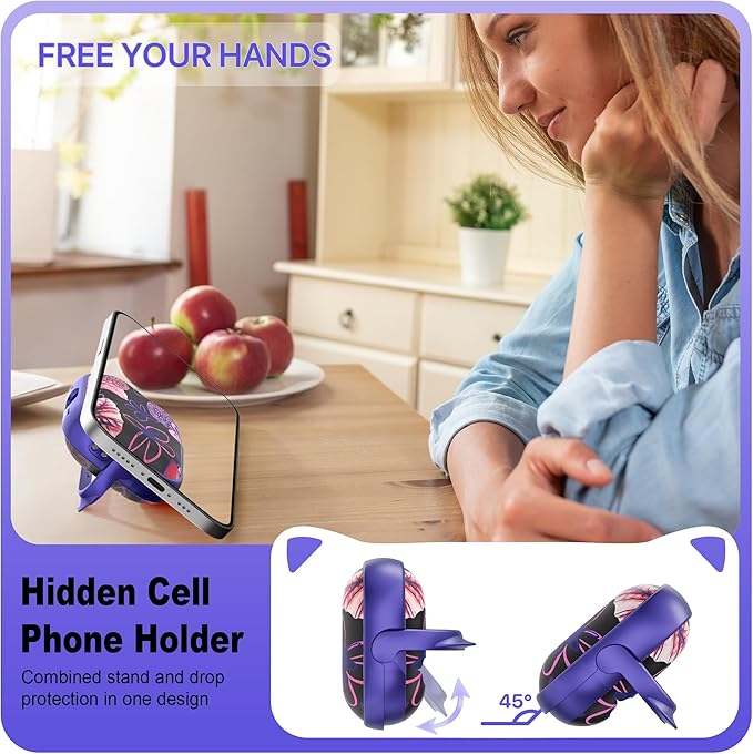 RFUNGUANGO AirPods Pro Case for Women Girly Cat Case with Lock, Phone Stand, Keychain & Cleaner Kit, Compatible with Apple Airpods Pro 2nd/1st Generation Case Cover, Purple Lotus