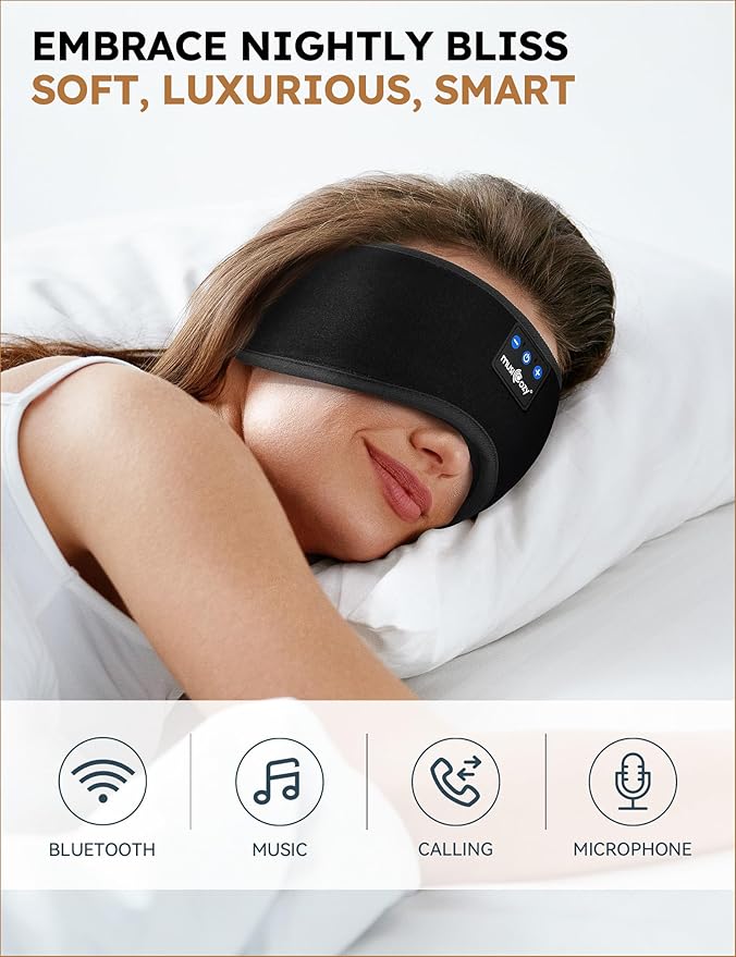 MUSICOZY Bluetooth 5.4 Sleep Headphones Bundle, Zipper Washable Eye Mask with HD Stereo Speakers Bluetooth Sleep Mask, 14H Playtime Wireless Music Headphones for Side Sleepers, Travel, Relaxation