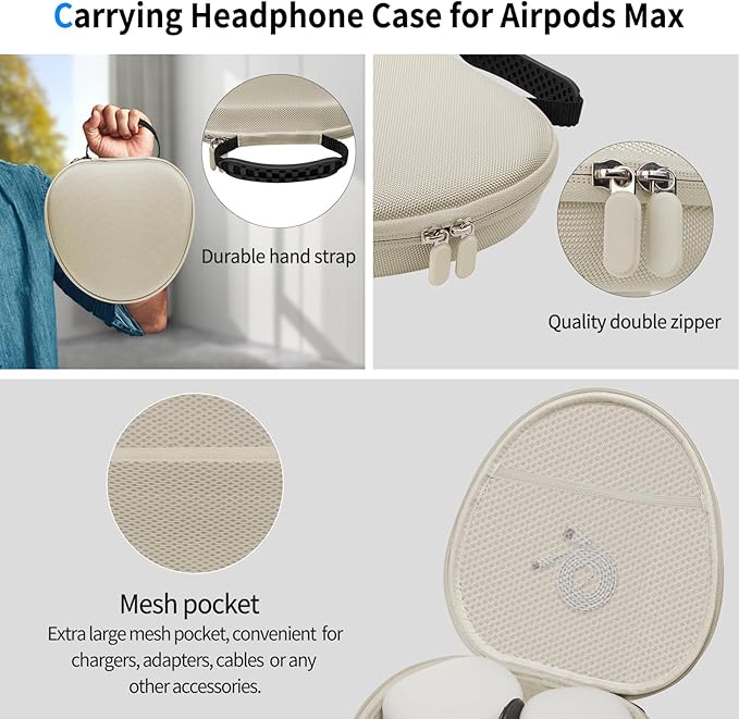 Hard Case for AirPods Max Supports Sleep Mode, Travel Carrying Headphone Case with AirPods Max Silicone Earpad Case/Ear Cups/Headband Cover, AirPod Max Protective Portable Storage Bag (Stone)