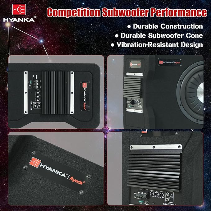 H YANKA SKA-TS12M 12" Compact Active Subwoofer System, 1200W Car Audio Bass Subwoofer, 300W RMS SUB with Built-in Amplifier, Easy Installation, Powerful Deep Bass for Car Trunk