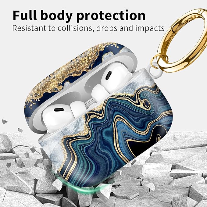 Compatible with Airpod pro 2nd/1st Generation Case Cover with Gold Round Keychain Cute Pattern Hard & Anti Slip Cover for Men Women & Girls（Blue and Gold）