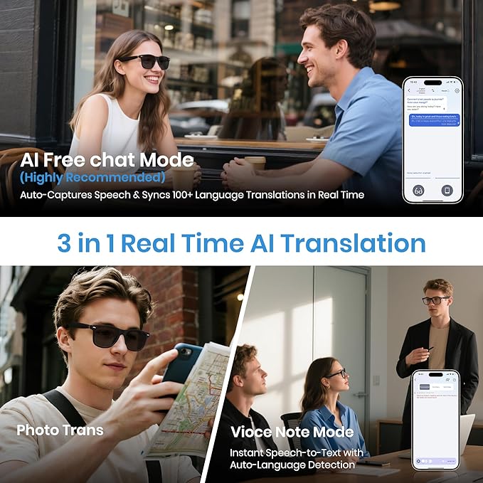 Cyxus AI Smart Photochromic Glasses, Meeting Transcription & Summaries 144 Language Translator 11h Playtime Voice Control HD Calls Business Travel AI8284