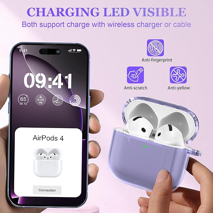 for AirPods 4th Generation Case Cover 2024, Military-Grade Shockproof, Soft TPU Highly Transparent Anti-Yellowing for AirPods 4 Case with Cleaning Kit & Cute Round Buckle, Clear Purple