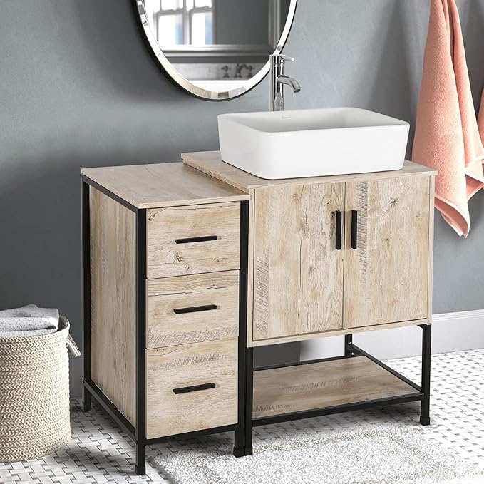 eclife 36" Bathroom Vanity Sink Combo Modern Metal Stand Cabinet W/Bottom Shelf & Storage Side Cabinet White Rectangle Vessel Sink & Water Save Faucet & Pop Up Drain, Oak (T03)