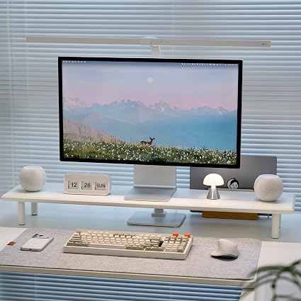 Bamboo Dual Monitor Stand Riser, White Desk Shelf with Storage