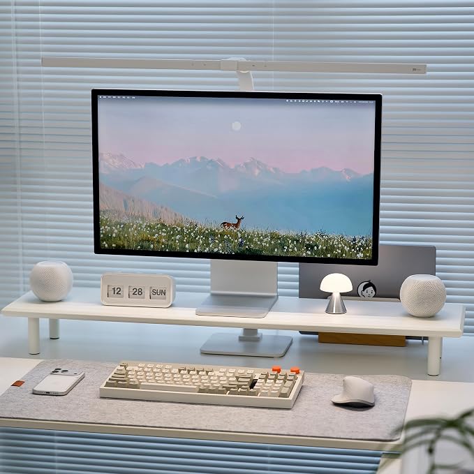 Bamboo Dual Monitor Stand Riser, White Desk Shelf with Storage
