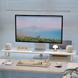 Bamboo Dual Monitor Stand Riser, White Desk Shelf with Storage