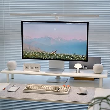 Bamboo Dual Monitor Stand Riser, White Desk Shelf with Storage