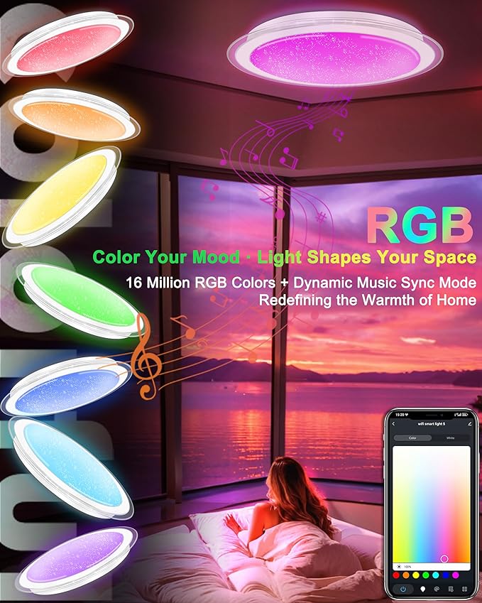 WF-Version LED Ceiling Light with Speaker 50W 17Inch Control via app/Voice/Remote Adjustable Brightness & Color Temperature Ceiling Lamp RGB Ambient Lighting for Bedroom Kids Room and More