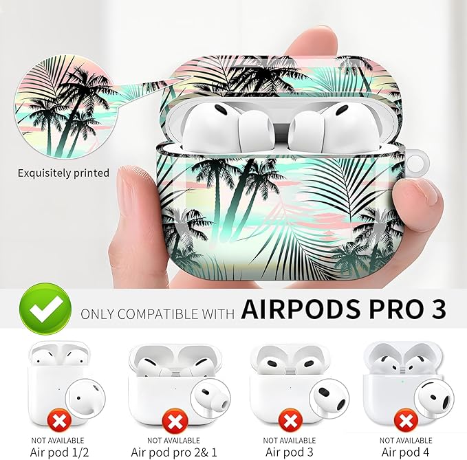 Compatible with AirPod Pro 3 (2025),Cute Case Cover for Women & Men, Full Protection Shockproof Hard Case with Keychain, Wireless Charging Case Accessories(Tropical Summer Palm)