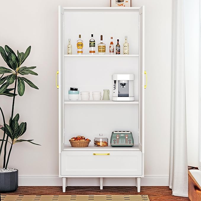 60" Tall Wooden Storage Cabinet with Adjustable Shelves, Large Capacity Freestanding Pantry Cabinet for Living Room, Kitchen, and Dining Room,White