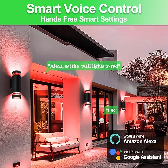 wowlite RGB Up and Down Lights Outdoor 2 Pack, Back Porch Lights Outdoor Wall Light Fixtures WiFi App Control, 2700k-6500k Cylinder Modern Wall Sconce Lights Color Changing LED Garage Light