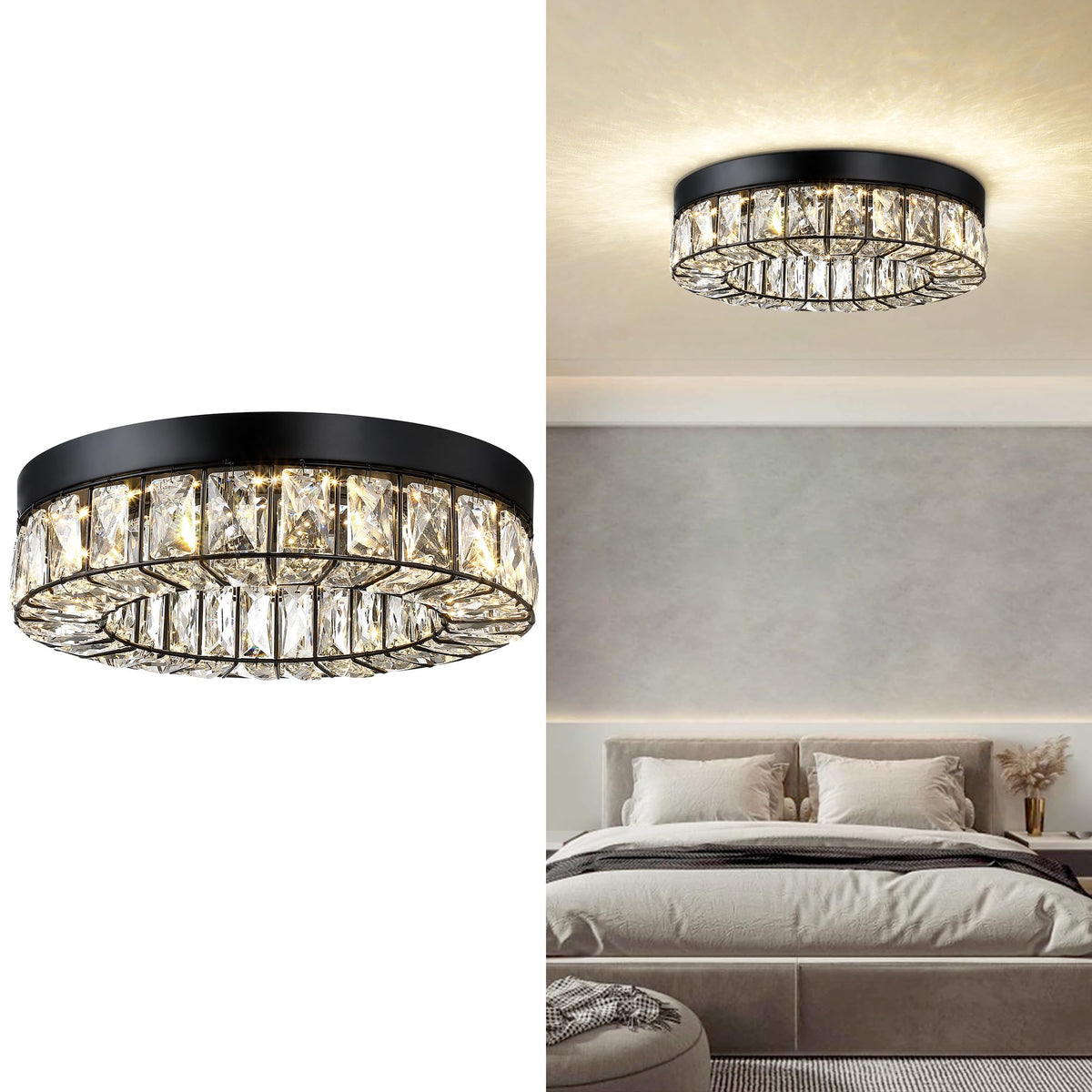 MEXO Crystal LED Flush Mount Ceiling Light Fixtures Modern Black LED Chandelier Lighting for Kitchen Closet Hallway Bedroom Foyer Laundry Room