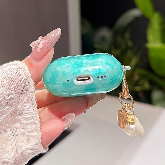 for Airpod 4 Cute Case with Shell Pearl Keychain Luxury Aesthetic Leopard Hard Protective Cover Compatible with AirPods 4th Generation Case 2024 for Girls Women (Turquoise Blue)