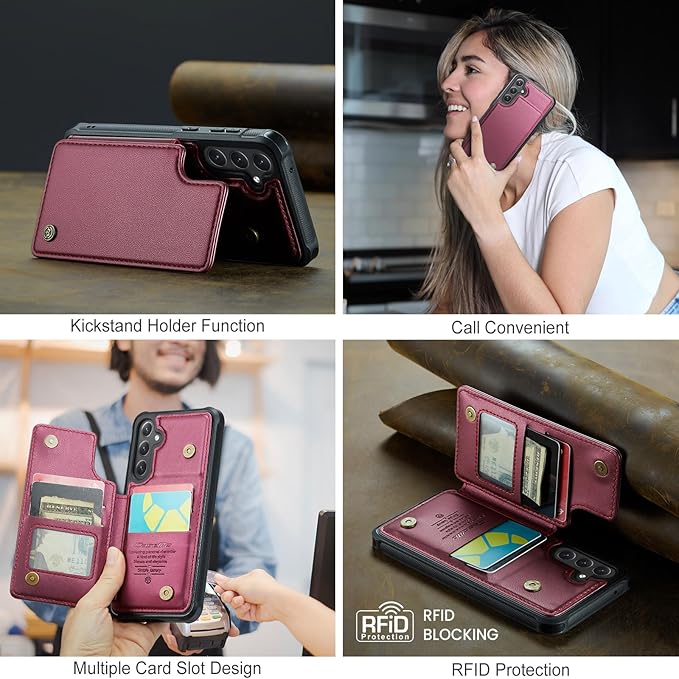 Bemal for Samsung Galaxy S23 FE Wallet Case with Card Holder, RFID Blocking, Shockproof Leather Kickstand for Men and Women, Durable Protective Phone Cover for 6.4", Wine Red