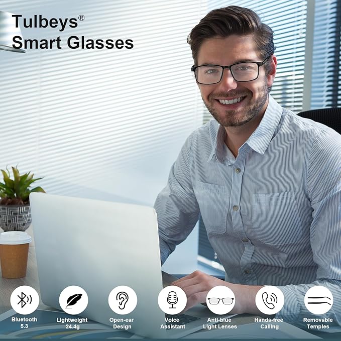 Smart Glasses for Men Women, Classic Smart Eyewear with Detachable Ultra-Slim Arms, Blue Light Filtering, Open Ear Bluetooth Glasses – Ultra-Light Design for Business and Daily Use