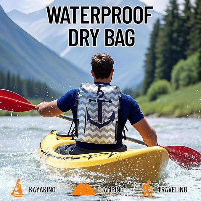 Waterproof Dry Bag Marine Dry Bags for Kayaking Hiking Anchor Nautical Navy Blue Gray Striped Backpack Roll-Top Closure Bag - Backpack Waterproof Phone Case 5L