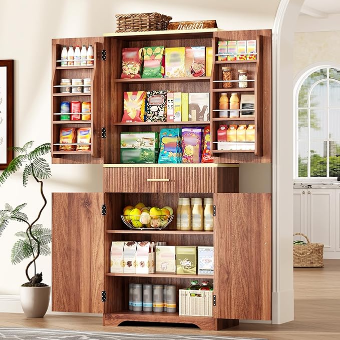 Fluted Pantry Cabinet, 71" Tall Modern Storage Cabinet with 4 Doors, Organizer, Drawer and 8 Door Shelves, Wood Cupboard for Kitchen, Dining Room, Living Room and Bathroom, Walnut