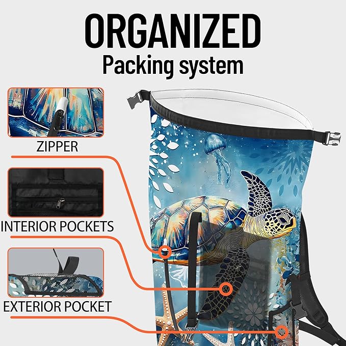 Waterproof Dry Bag Marine Dry Bags for Kayaking Hiking Sea Turtle Nautical Starfish Backpack Roll-Top Closure Bag - Backpack Waterproof Phone Case 5L