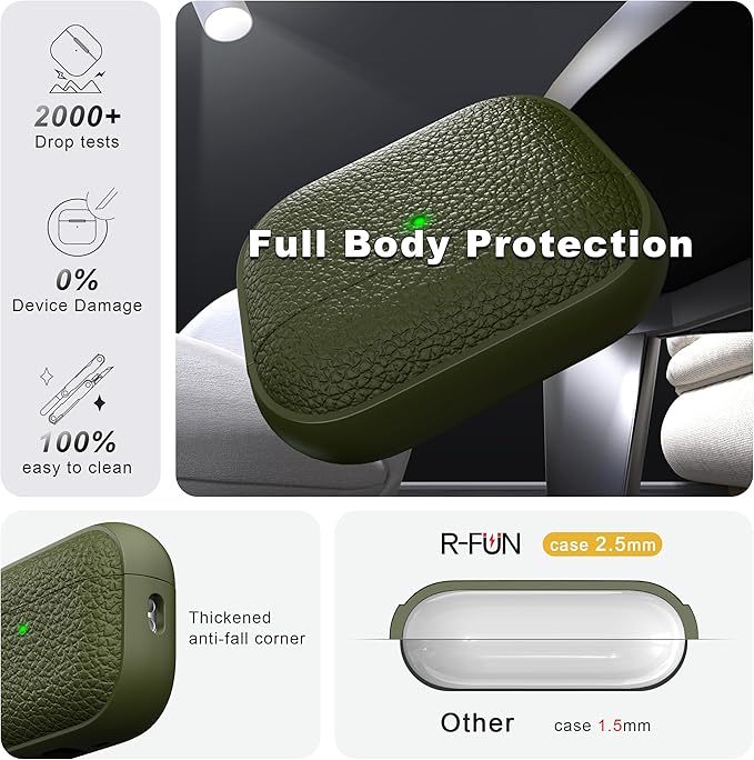 R-fun for AirPods Pro 3 Case 2025, Soft TPU (Leather-Like Design) Drop Protection Cover for Men and Women with Lanyard and Cleaner Kit, Compatible with Apple AirPods Pro 3rd Generation-Army Green