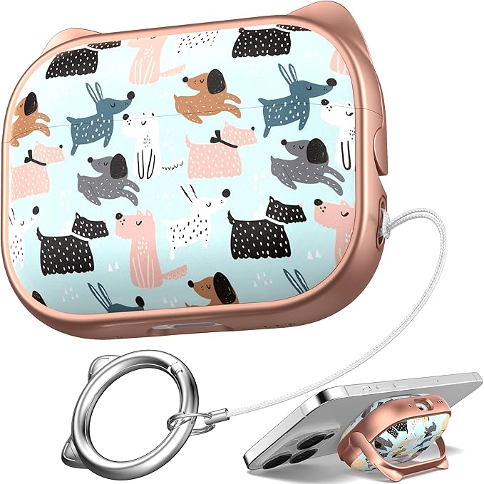 for AirPods Pro 2 Case with Cleaning Kit, Cute Cat Ear Print Design & Cute Buckle for Girls, Phone Holder & Top Safe Lock Buckle Design for AirPods Pro 2nd/1st Gen case, Rose Gold Animal