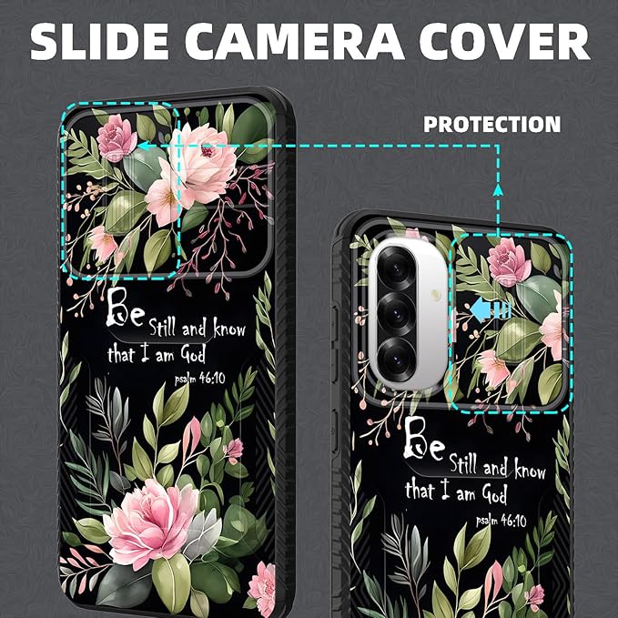 for Galaxy A36 5G/A56 5G Case Built in Slide Camera Lens Cover,Heavy Duty Shockproof Protection Dual Layer Case for Samsung Galaxy A36 5G/A56 5G 6.7" 2025,Flower Bible Verse Psalm 46:10