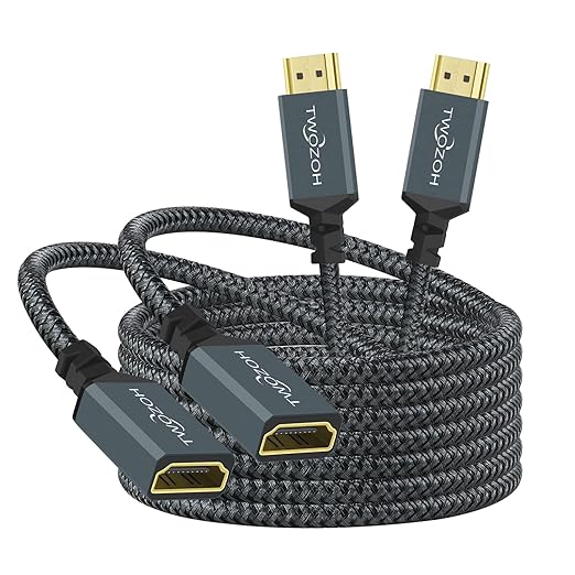 Twozoh HDMI Extension Cable 6.6FT 2 Pack, 4K HDMI Extender Male to Female Cord, Nylon Braided HDMI 2.0 Cable Adapter Support 4K@60Hz 3D HDR