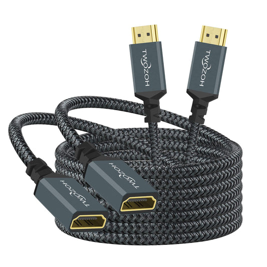 Twozoh HDMI Extension Cable 6.6FT 2 Pack, 4K HDMI Extender Male to Female Cord, Nylon Braided HDMI 2.0 Cable Adapter Support 4K@60Hz 3D HDR